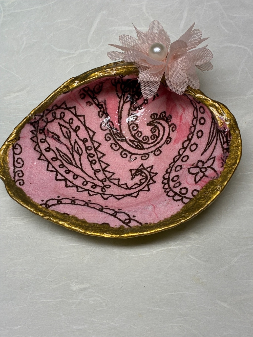 Hand Crafted Pink Paisley Bandana Decoupage Shell Trinket Dish Gold Trim